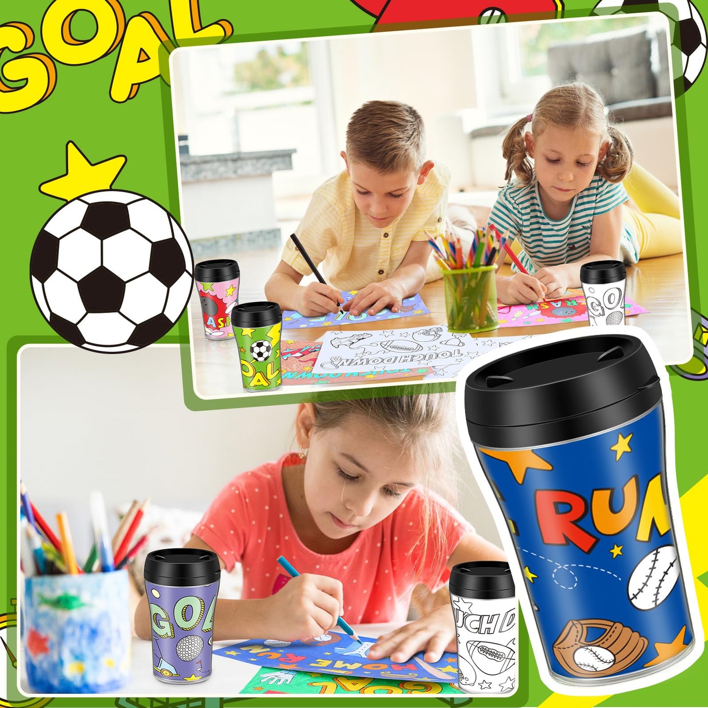 Yiyiring Set of 12 Color Your Own Sports Ball Cups, 10 oz, Black/White, DIY Plastic Mugs for Parties and Classroom Activities
