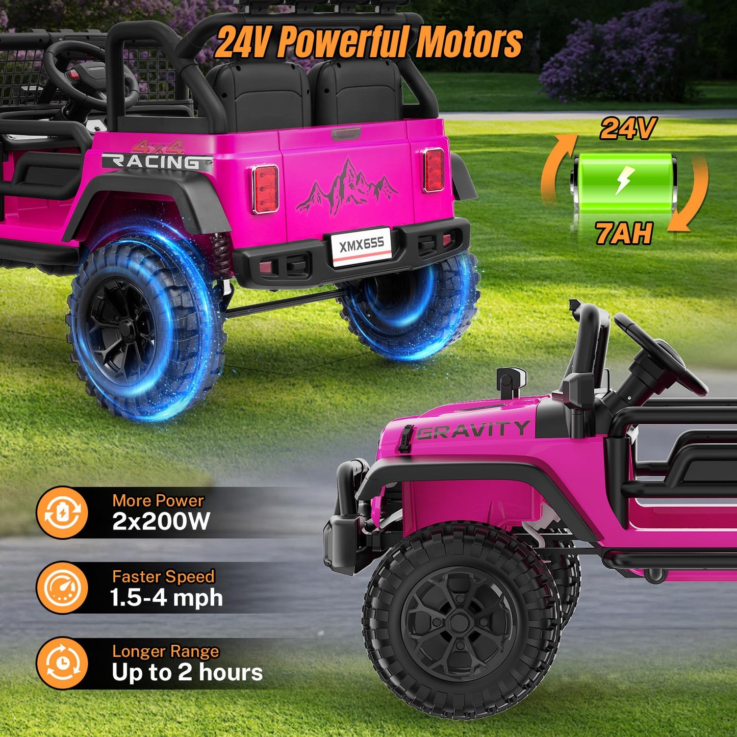 Hikole 24V Electric Ride On Car - 2 Seater XL with Remote, LED Lights, Bluetooth, Pink