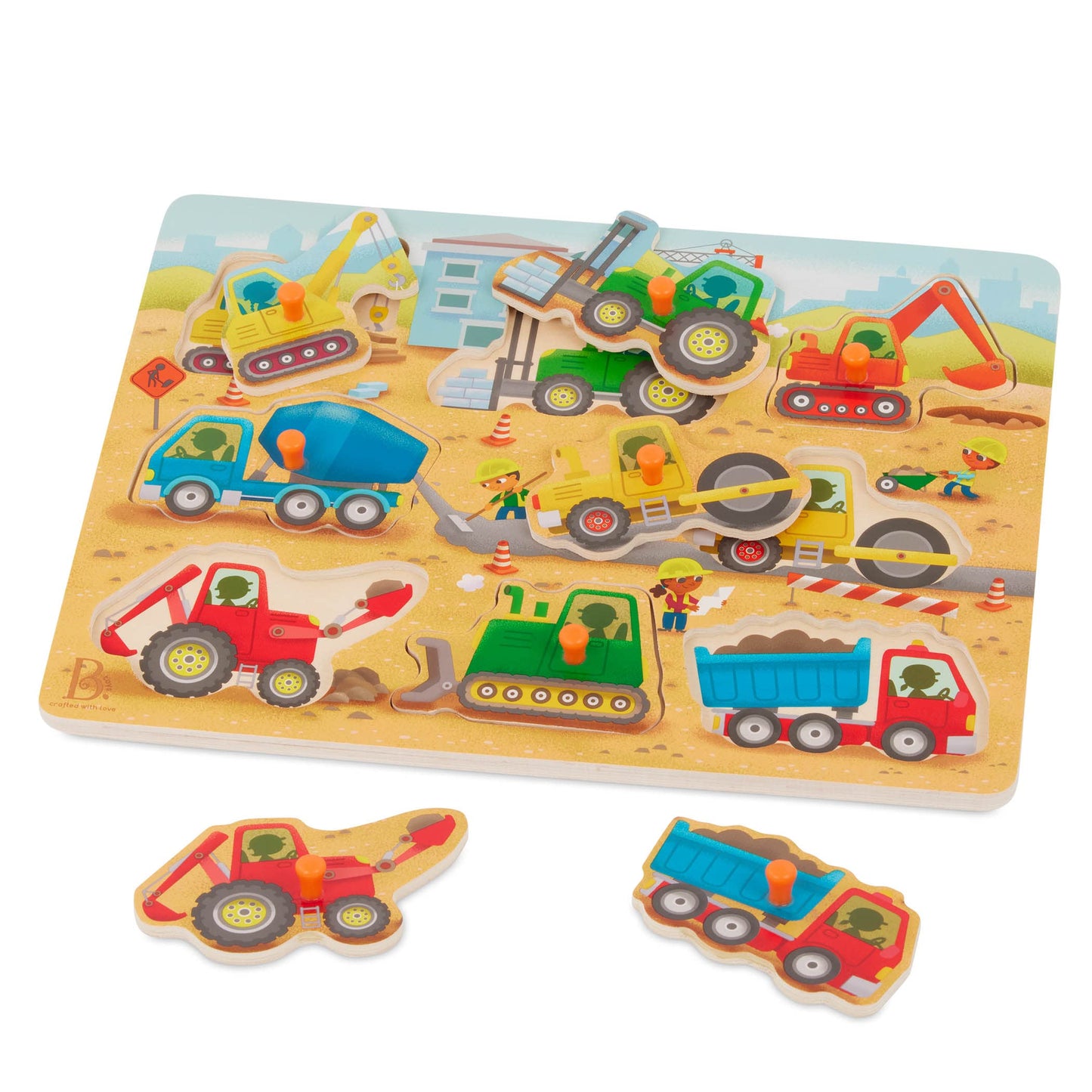 B. Toys- Peek & Explore - Construction Trucks- Wooden Peg Puzzle – Truck Puzzle For Toddlers, Kids – 8 Construction Truck Pieces – Dump Truck, Cement Mixer, Excavator & More – 2 Years +