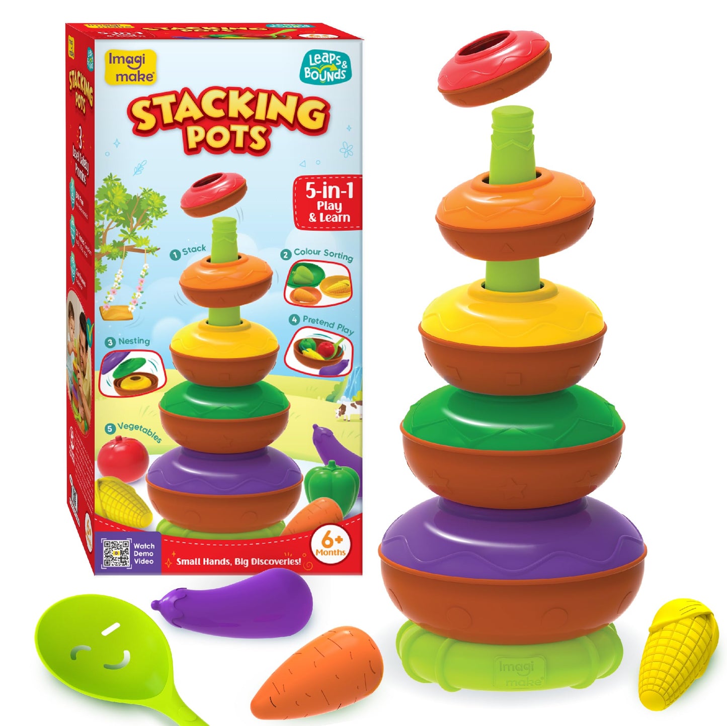 Imagimake Stacking Pots Toys | Leaps & Bounds Baby Toys For 12+ Months | Educational Toy For Toddlers, Infants |5-In-1 Play & Le