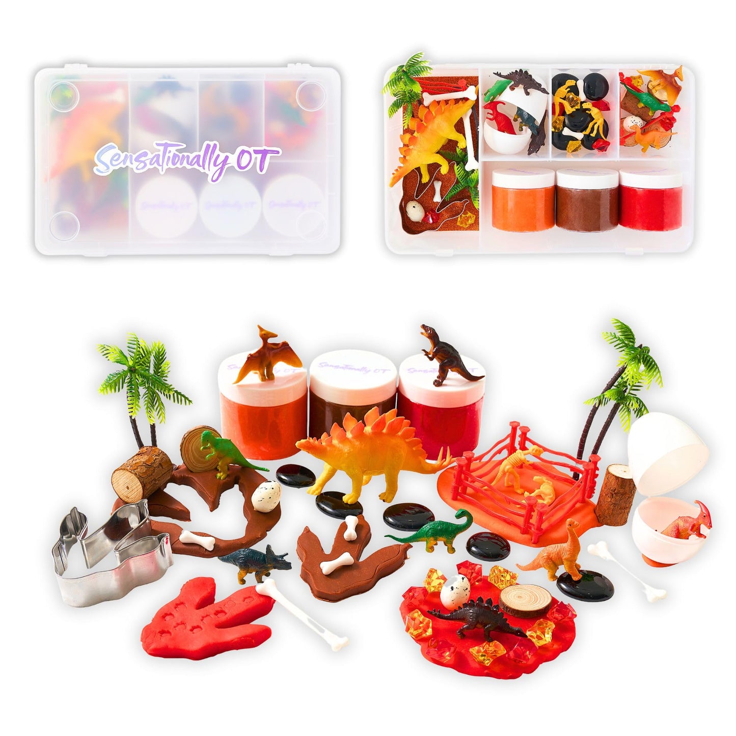 Sensationally OT Dinosaur Sensory Dough Kit (3 Jars) Non-Toxic Dough with Dinosaur Cutters, Fossils, Mini Figures, Eggs, Palm Tr