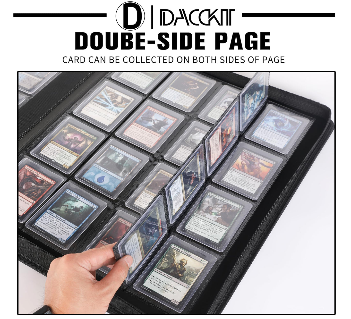 D DACCKIT Toploader Binder - 16-Pocket, Large, Navy Blue, Holds 640 Toploaders, Leather Model A for Trading/Sports Cards