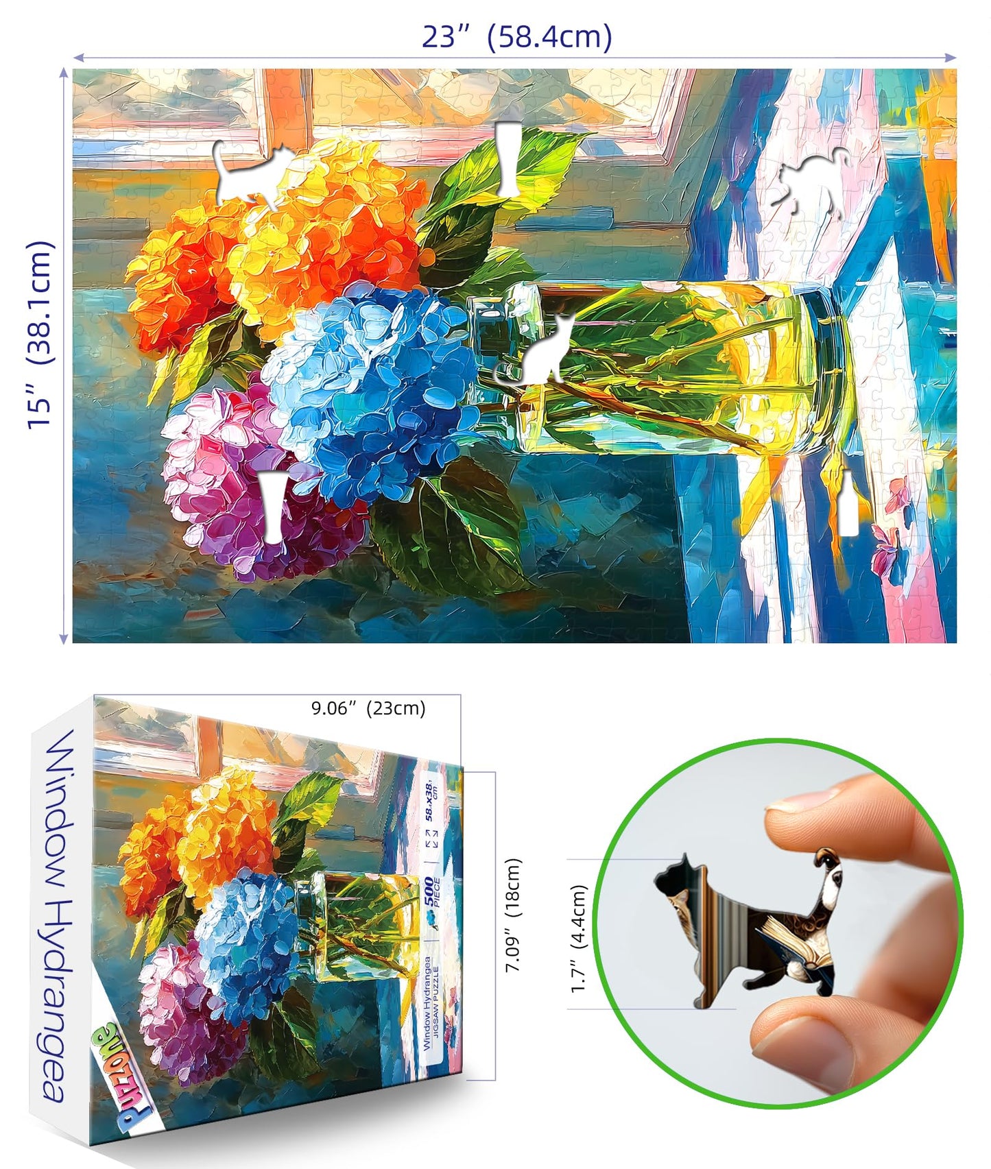 PuzzOne Hydrangea Puzzles for Adults 500 Pieces, Front of Window Blossom Flowers Art Jigsaw Puzzles for Family Fun Challenging,