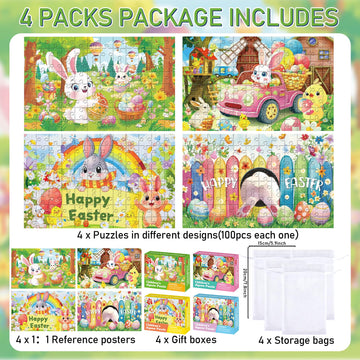 4 Packs 100Pcs Easter Puzzles for Kids Age 4-6 Easter Gifts Happy Easter Bunny Egg Rabbit Jigsaw Puzzle Easter Party Supplies Sp