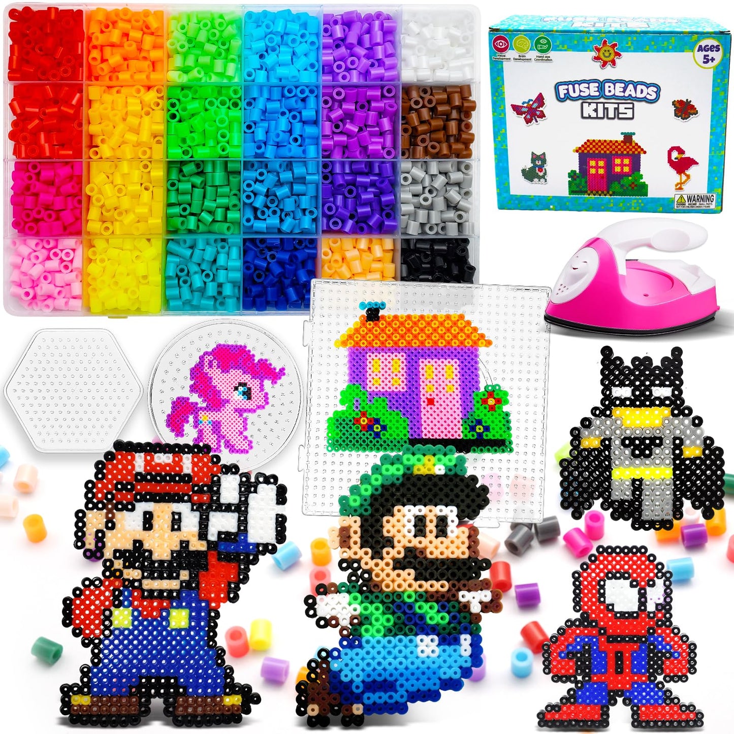 FUNZBO 5200 5mm Fuse Beads Kit with Mini Iron - 24 Colors | 111 Patterns, Easter Arts and Crafts for Girls and Boys, Kids Toys S