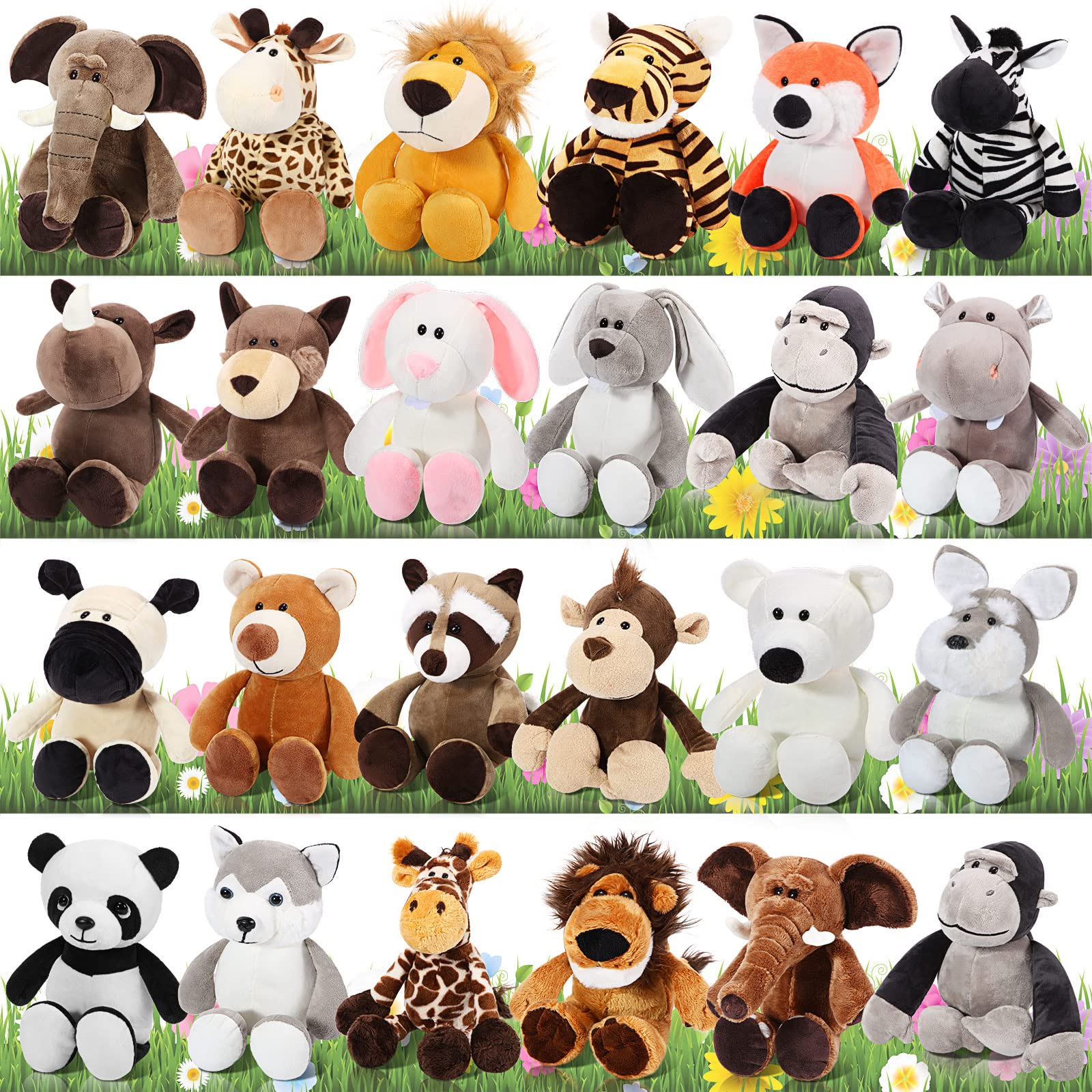 Lenwen 48 Pcs Plush Safari Stuffed Animal Set 10 Inch Cute Plush Jungle Animal Toys Lion Elephant Tiger Giraffe Zebra Panda for 