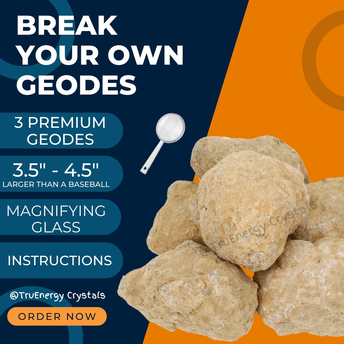 Truenergy Geodes With Crystals Break Your Own Geodes Kit 3 X-Large Premium - Easy To Break Open Kit - Stem - Includes Magnifying