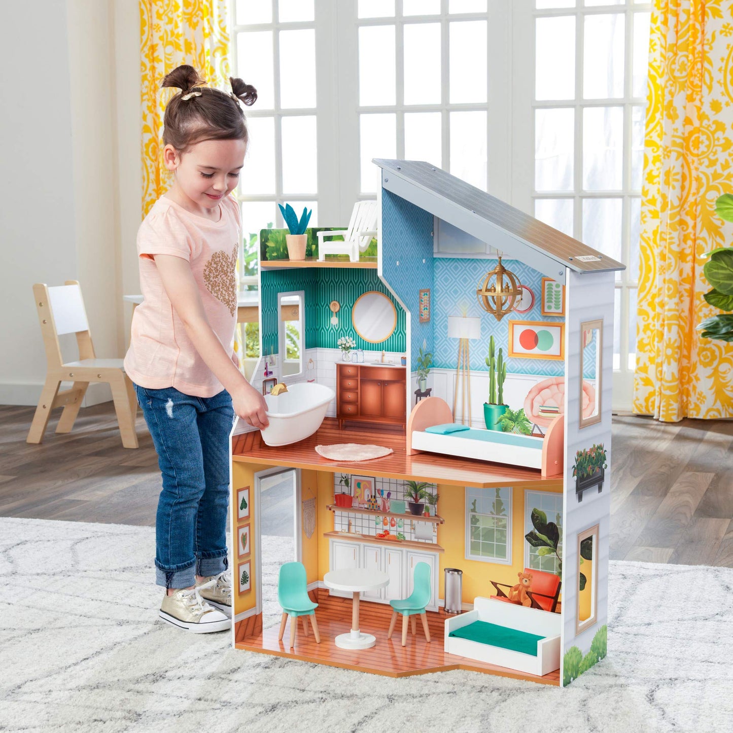 KidKraft Emily Wooden Dollhouse with 10 Accessories Included, for 12 Dolls, Gift for Ages 3+