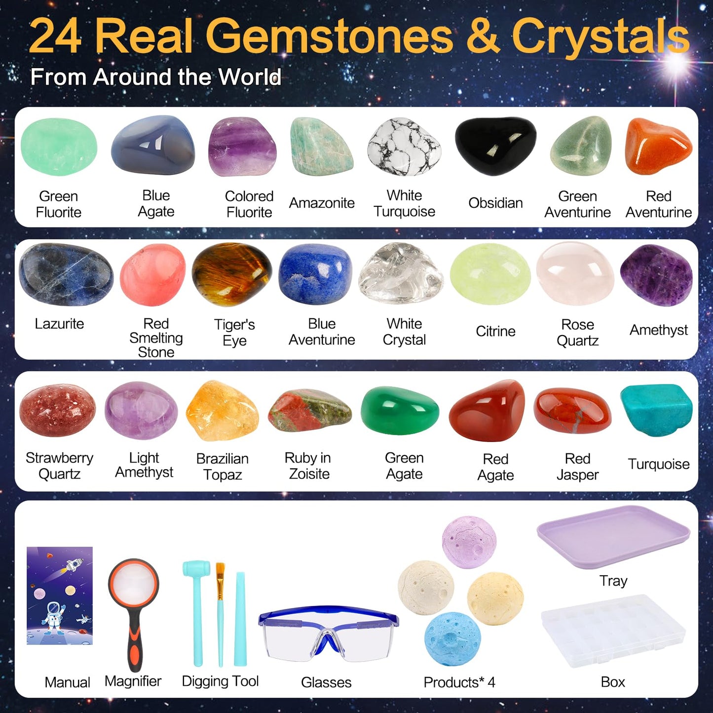 Qlkunla Gemstones Dig Kit, Excavate 24 Real Gems In Solar System Stem Educational Space Toys For Boys & Girls Archaeology Geolog