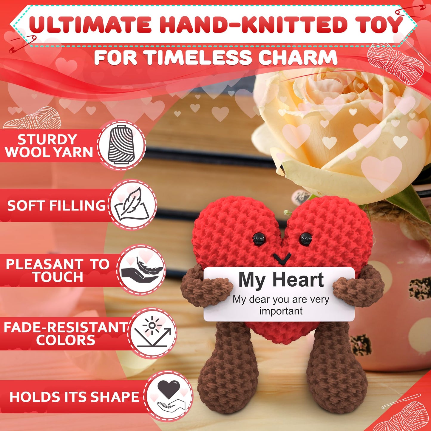 Reluen Knitted Emotional Support Heart - Soft Crochet Plush With Motivational Card, Compact Keepsake For Women, Girlfriend, Wife