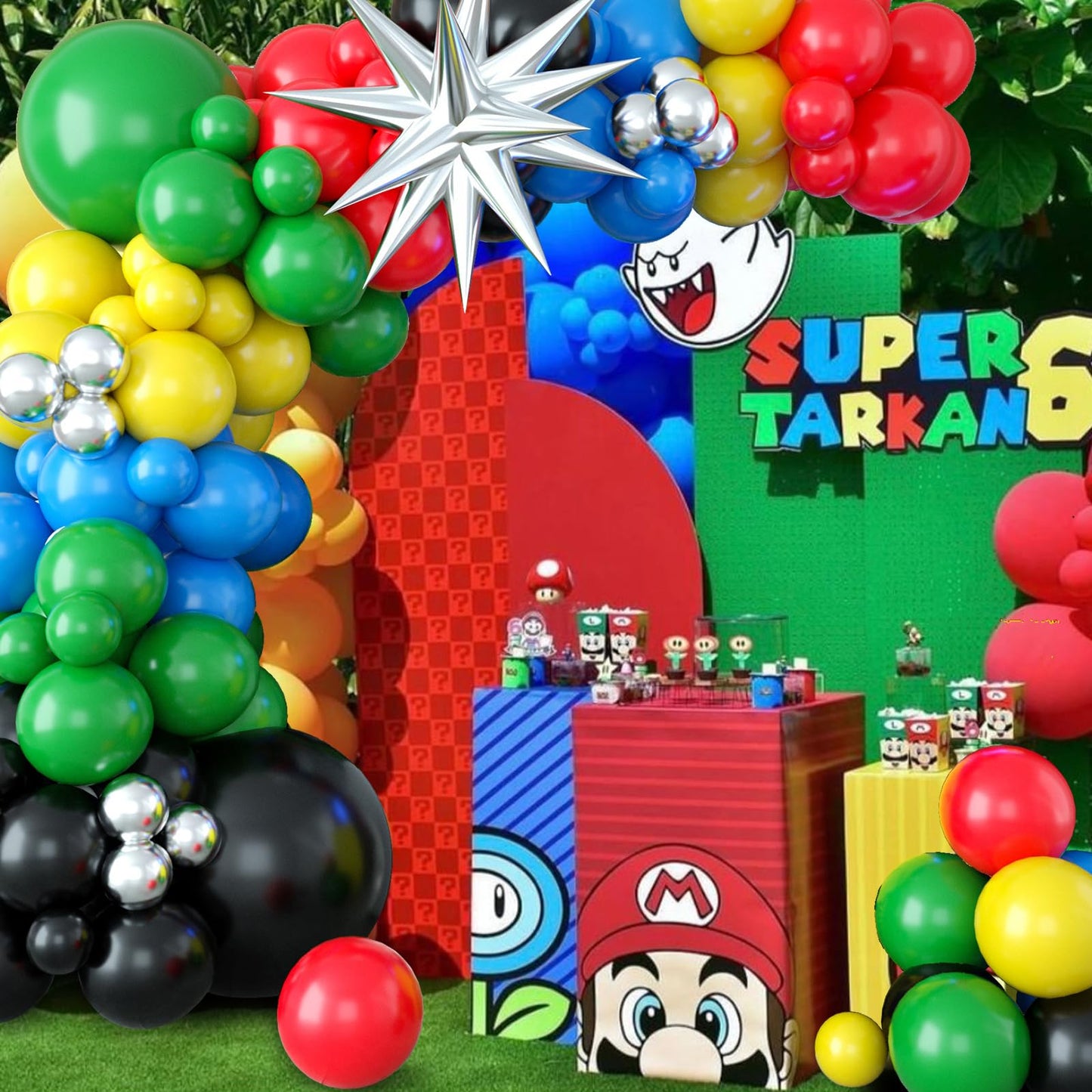 Black Red Yellow Green Balloon Garland Arch Kit, Colorful With Black Red Blue Yellow Green Metallic Silver Balloons Supplies For