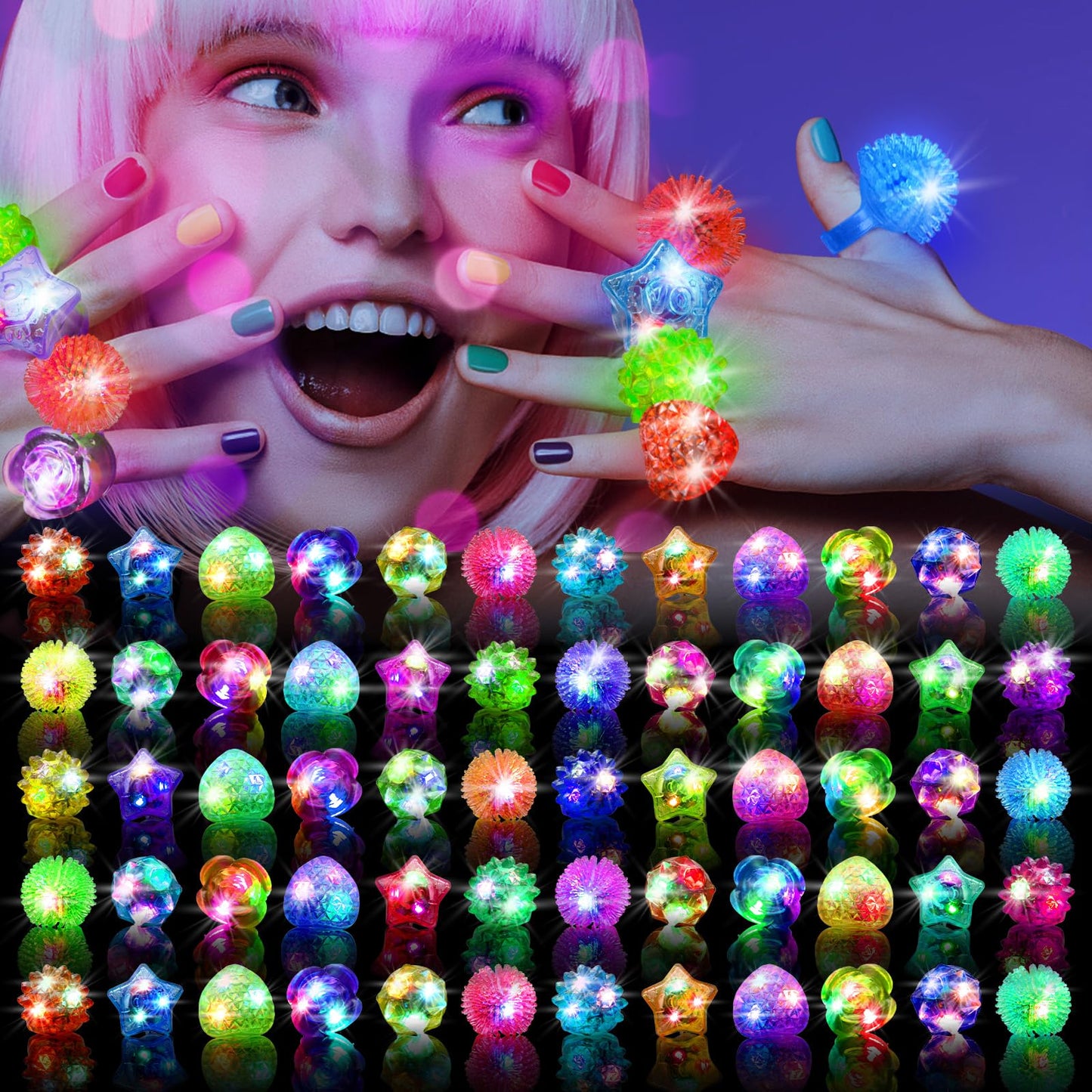OLUPP 100 Pcs Light Up Rings, Glow In The Dark Party Supplies, 6 Style Flashing Glow In The Dark Rings for Adults & Kids, LED Ri