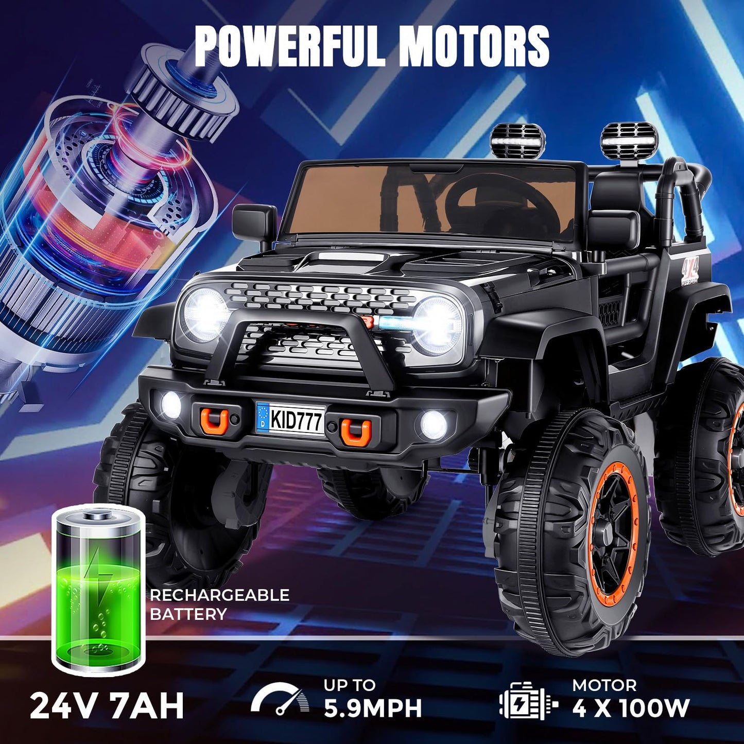 Hikole 24V Kids Jeeps Ride On Car With Width Seat, 2 Seater Battery Powered Electric Car, 4X100W Powerful Engine,Soft Braking,Remote Control, 24 Volt Ride On Toy For Boys Girls, Black
