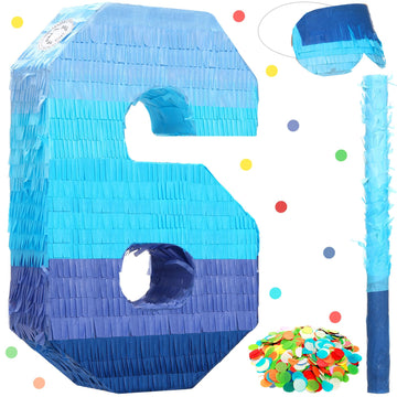 Sratte Number 1 2 3 4 5 6 7 8 9 Piñata With Stick Blindfold Confetti, Gradient Blue Piñata For Kids Boys Girls Birthday Party Anniversary Decorations Supplies(Number 6)