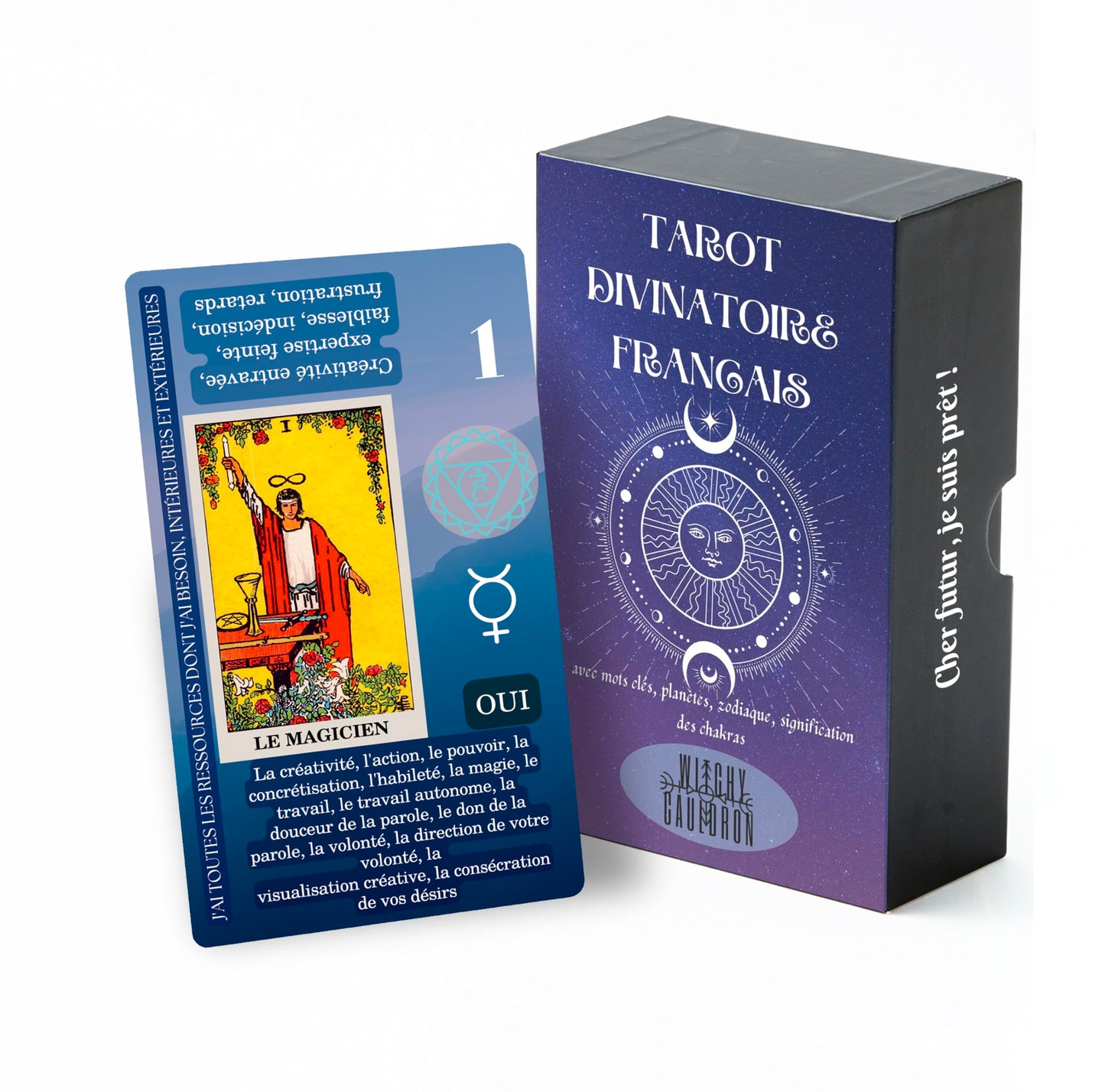 Witchy Cauldron Tarot Cards for Beginners, Medium Size, Black/White/Gold, Paper Deck with Guidebook (French)