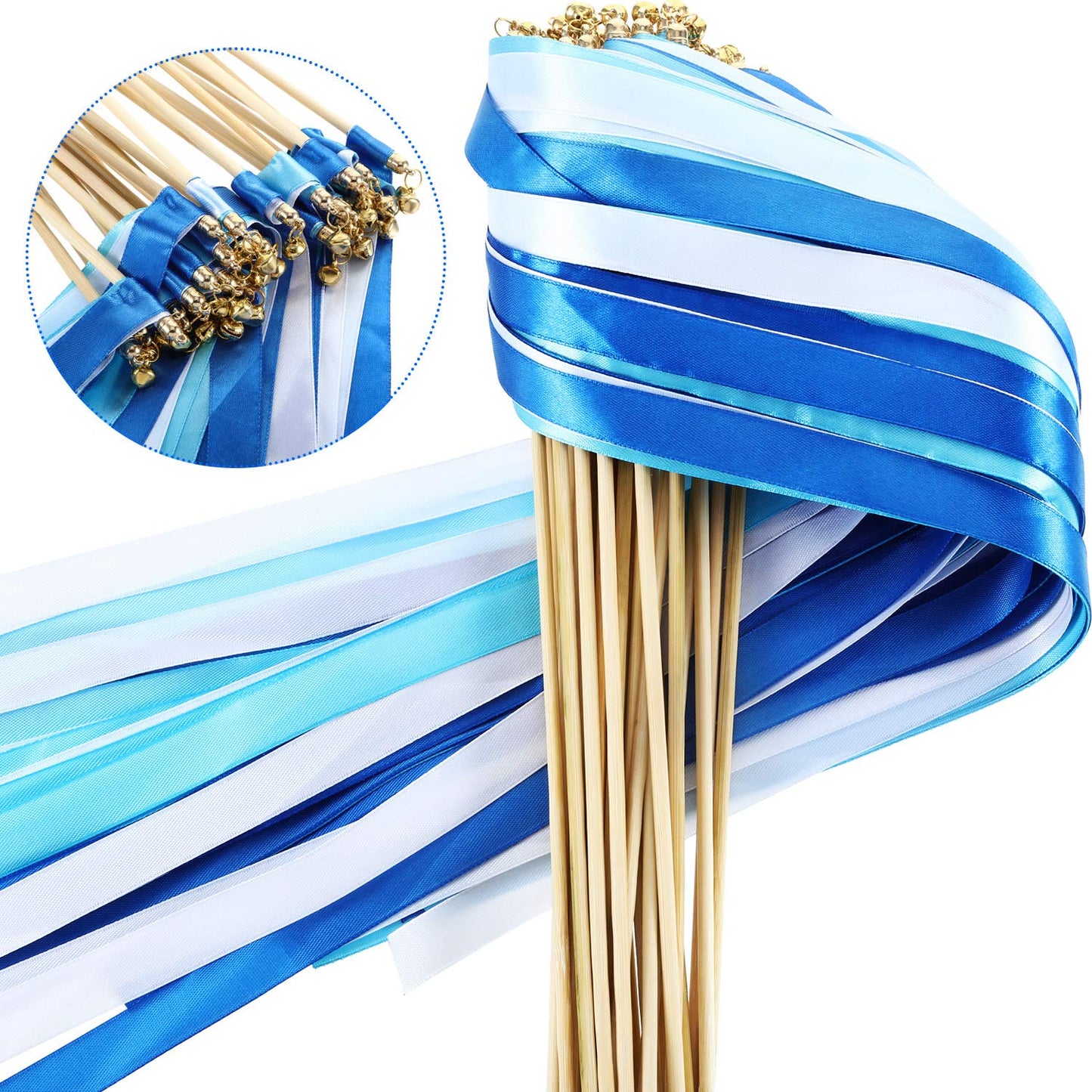 40 Pieces Mix Color Ribbon Sticks with Bell Fairy Stick Party Streamers for Wedding Party(Blue)