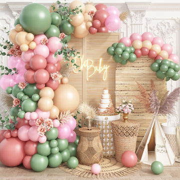 Jobkoo Green And Pink Balloon Arch, 125 Pcs Retro Sage Green Dusty Pink Beige Balloon Garland Kit Olive Green White Apricot Blus