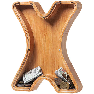 Piggy Bank For Kids Boys Girls, Large Personalized Wooden Letter Piggy Bank With Cut-Out Design, Alphabet Letter Coin Banks, Money Savings Box, Wooden Bank For Kids Creative Gift For Real-Money(X)