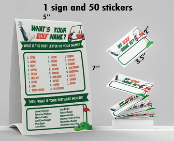 What's Your Golf Name Game  1 Golf Theme Sign and 50 Name Tag Stickers  Baby Shower game cards  Birthday Game for Kids and mature-themed Parties  Activity Game for Office or Class | PTK025L