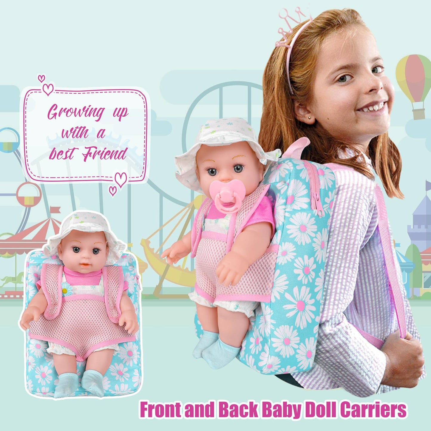 12'' Girls Baby Doll Daisy Theme Backpack Carrier Playset,12 Inch Reborn Baby Dolls With Accessories And Clothes Set Toy Stuffs