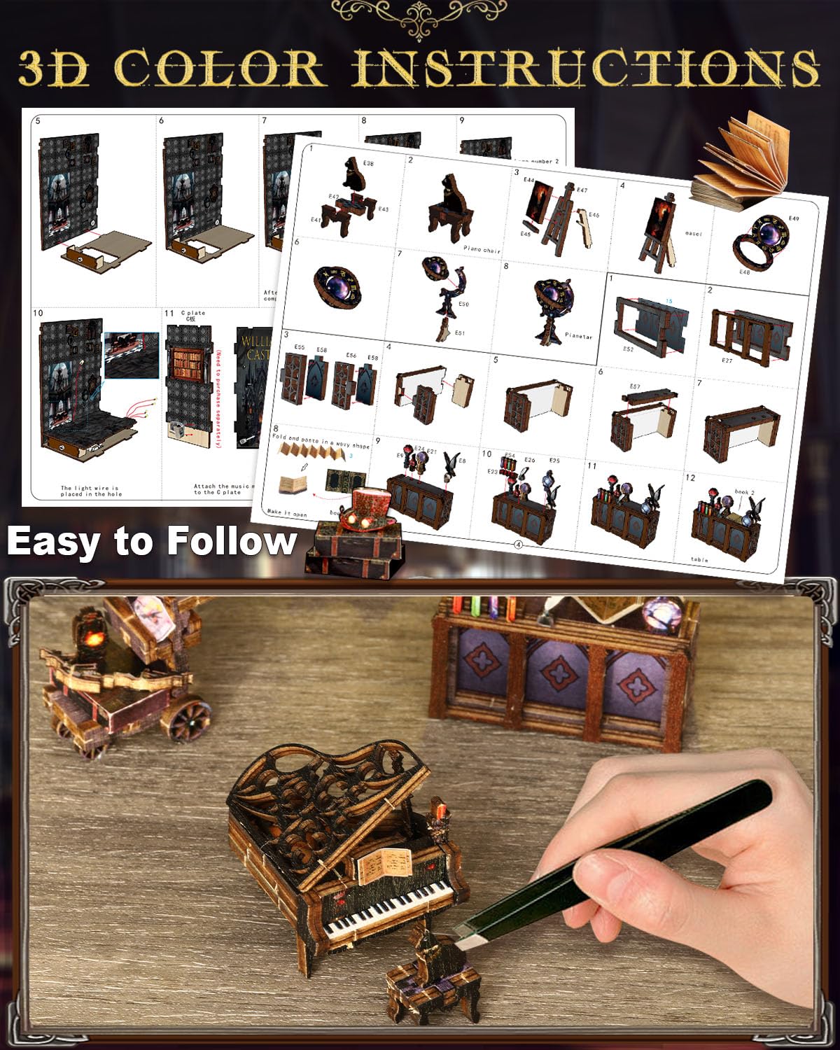Ourmiao Book Nook Kit William Castle, Diy Booknooks Kit For Adults Teens With Sensor Lights, Bookshelf Diorama Miniature Scenes