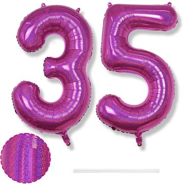 35Th Birthday Balloons For Women, Laser Hot Pink Foil Big Number 35 Balloons Anniversary Decor, Self Inflating Helium Mylar 40 I