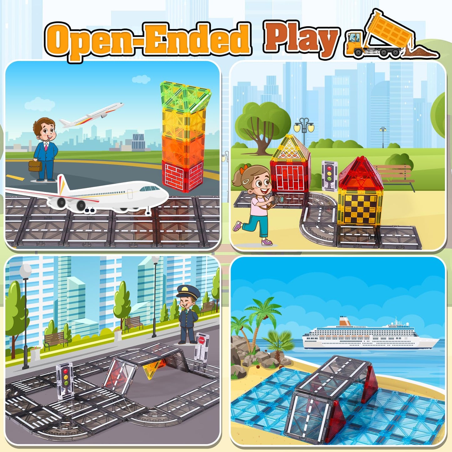 Magnetic Tiles Kids Construction Toys - Road Set With Magnet Crane For Boys Age 3-5 4-8 8-10, Magnet Building Blocks Expansion P