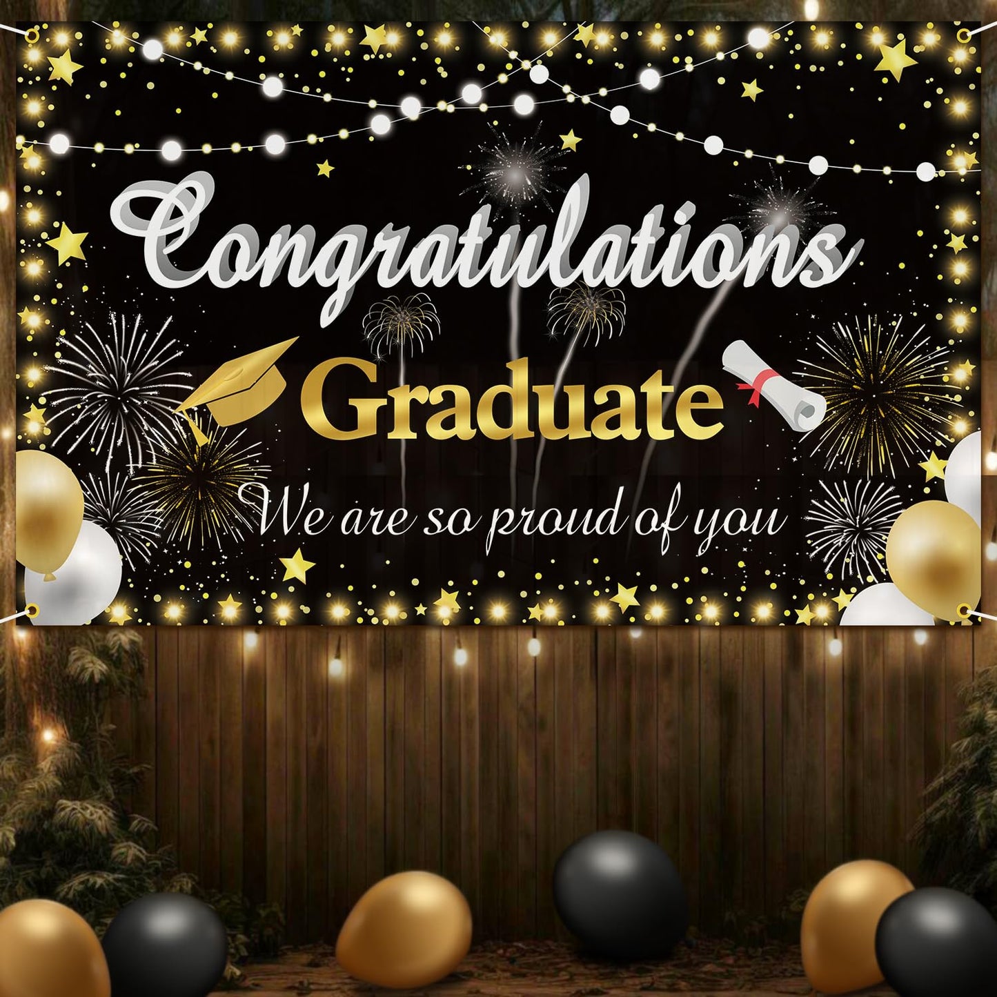 Graduation Backdrop 2024 Congrats Grad Banner Black Gold Graduation Banner.Class of 2024 Graduation Decorations Photography Back