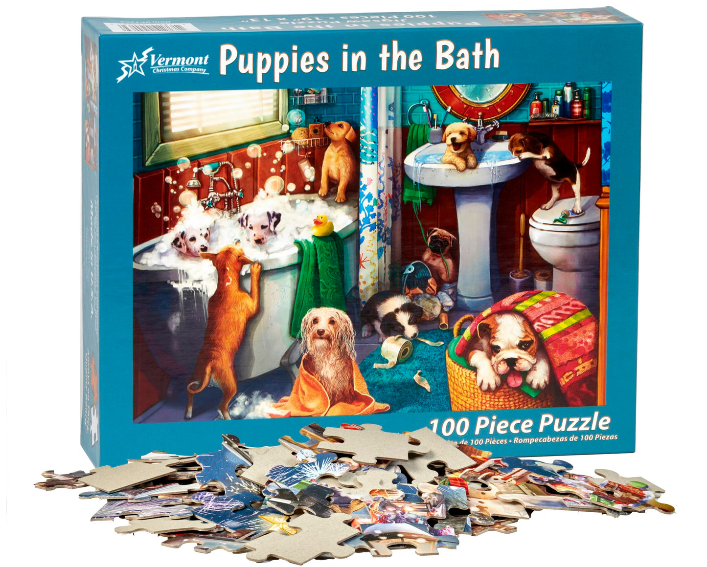 Vermont Christmas Company Puppies In The Bath Jigsaw Puzzle - 100 Piece Puppies Puzzle - Large Puppy Jigsaw Puzzle Made From Thick Durable Puzzle Board - Puppy Puzzles For Kids & Adults (19' X 13')