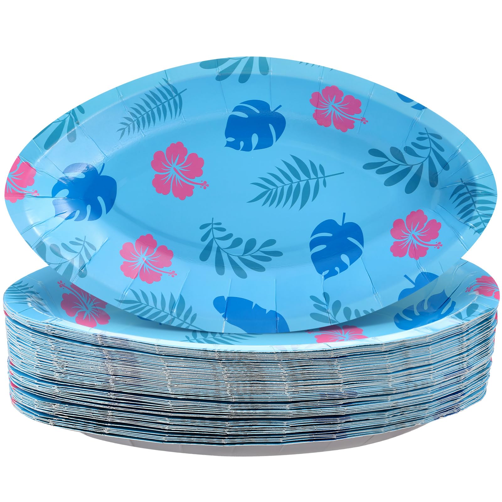 CHENGU 60 Pcs Birthday Party Plates 11.2 x 6.5 Inch Blue Cartoon Theme Disposable Paper Food Plates Snack Trays Tropical Hawaii 