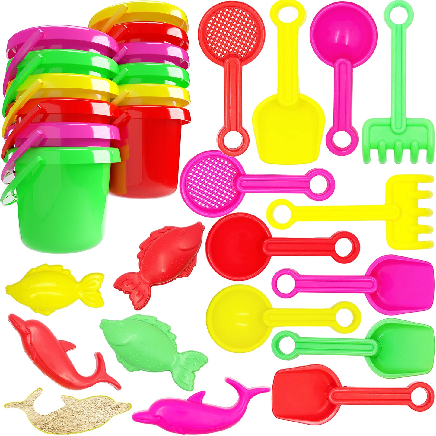 The Dreidel Company Mini Beach Day Playsets (Pack of 12) 3.25'' Sand Bucket Play Set Box Includes, Pail, Shovel, Rake, Sifter Sc