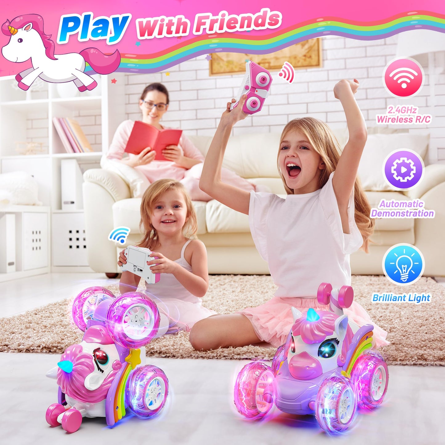 Carsky Remote Control Car RC Stunt Cars for Girl 360Stunt Rotation 4WD Remote Cars for Kids 3-6 Double Sided RC Car with LED Lig