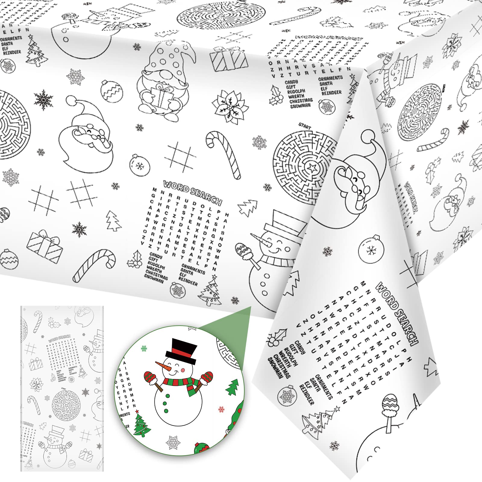 1 Pack Christmas Tablecloth Christmas Activity Paper Tablecloth Santa Claus Snowman Gnome Color-in Paper Disposable Tablecover f