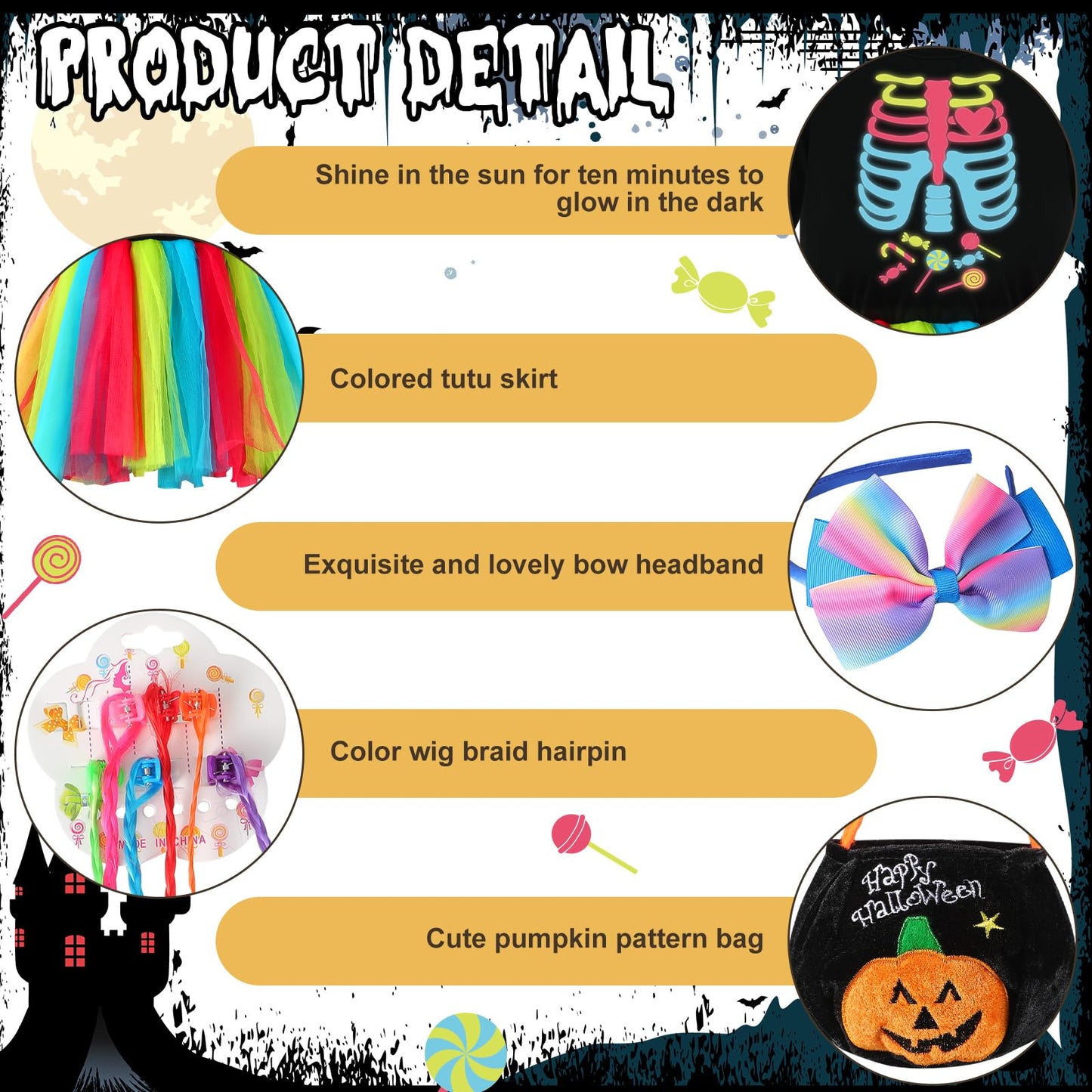 Croloose 5 Pcs Halloween Girls Skeleton Costume Glow In The Dark Tutu Skirt, Hair Extensions Headband Pumpkin Packet(8-10Y)