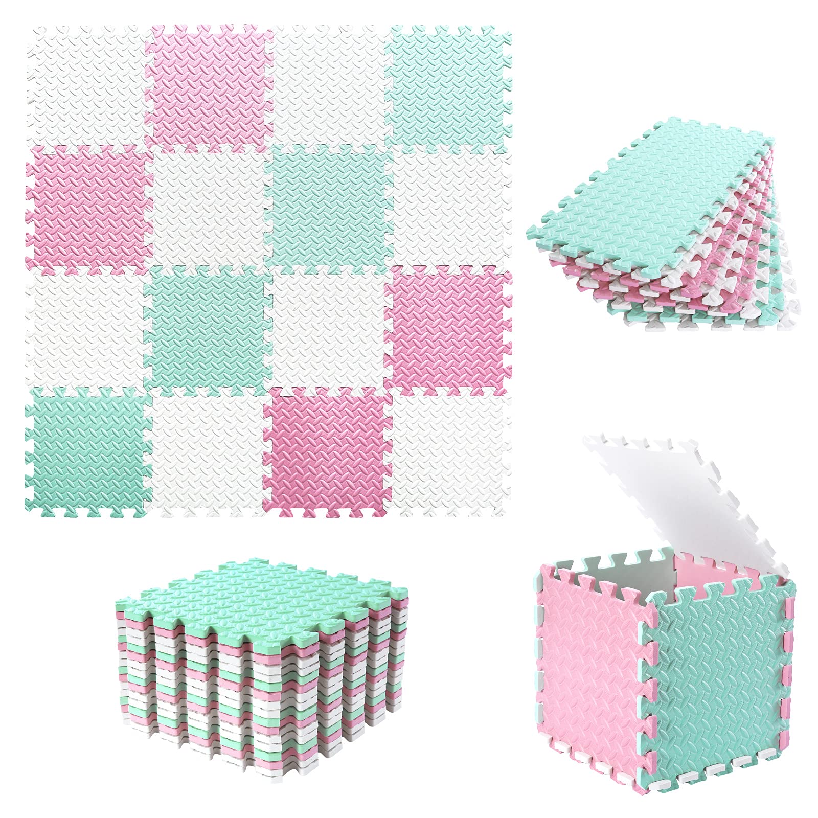 Tamiplay 16 Tiles Foam Play Mat, 0.4 Inch Thicked Interlocking Floor Mats With Solid Colors, Squares Baby Play Mat, Eva Foam Puzzle Floor Mat Foam Mats For Kids, Baby, Toddlers(White/Pink/Bean Green)