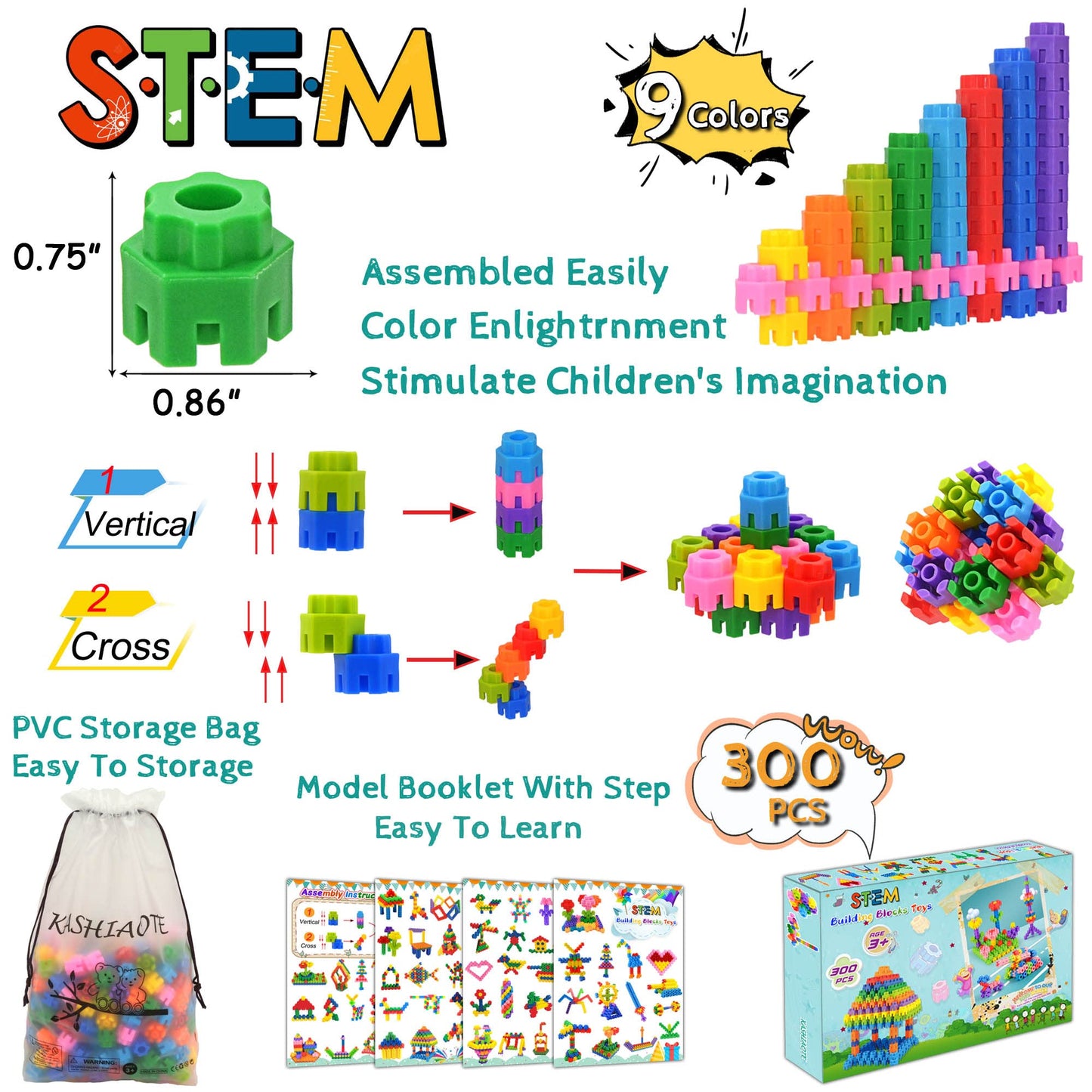 Kashiaote Kids Toys Interlocking Learning Set, Stem Construction Set - Ages 3+ Stem Toys 300 Pcs - 9 Colors