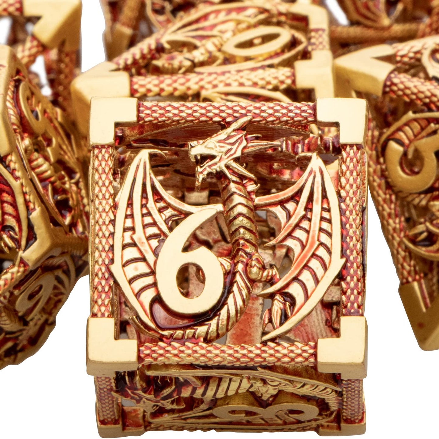 ARUOHHA Hollow DND Metal Dice Set Dungeons and Dragons Dice RPG Role Playing Games, D+D Golden Red Polyhedral Dice D20 D12 D10 D