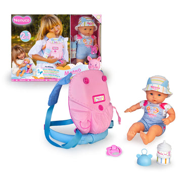 Nenuco - On A Walk With Mateo - Baby Doll With Baby Carrier, Accessories For Babies, 14.5 Cm