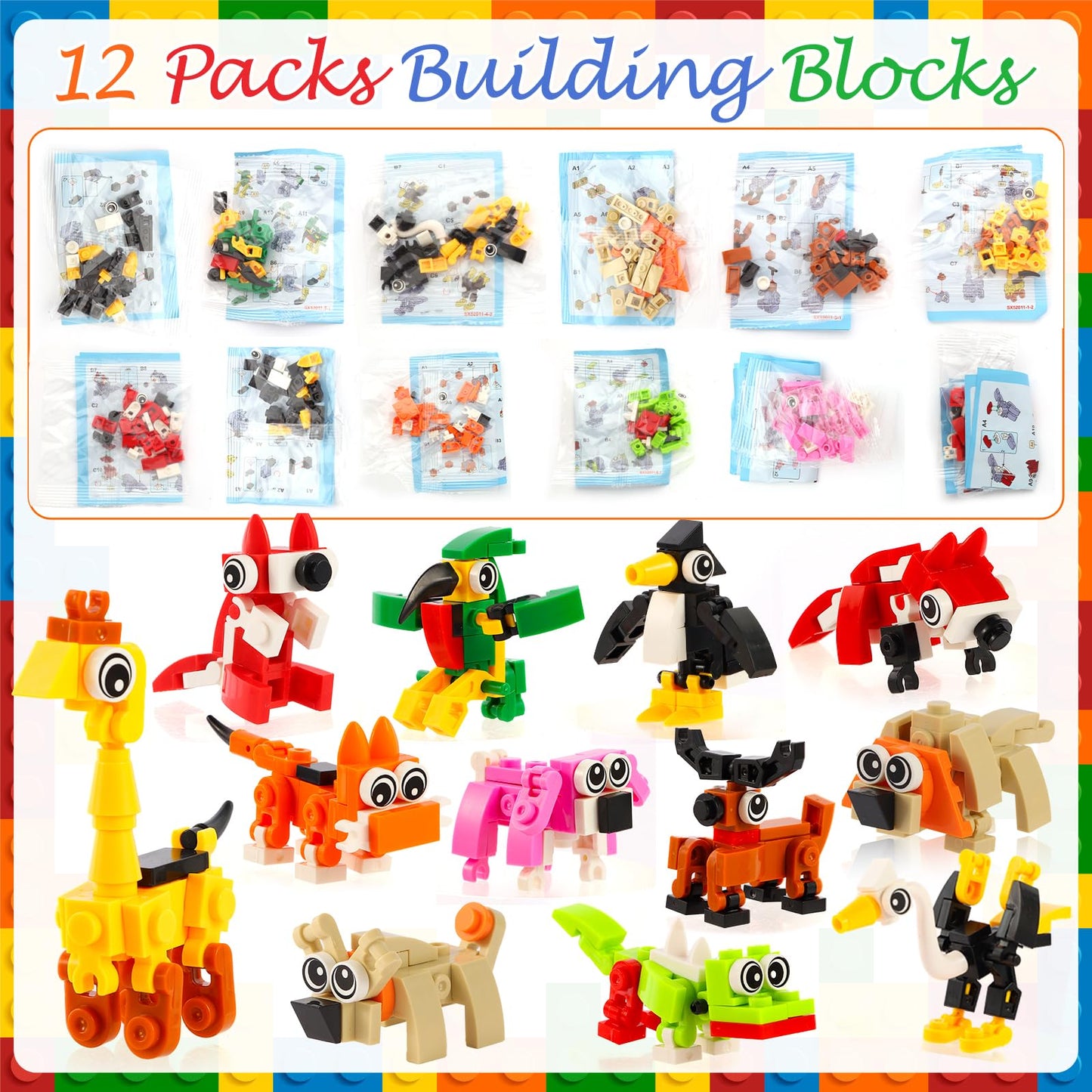 LiYiQ 134 Pcs Building Blocks Party Favors with Reusable Drinking Straws Animal Building Blocks Slap Bracelets Keychains Stamps