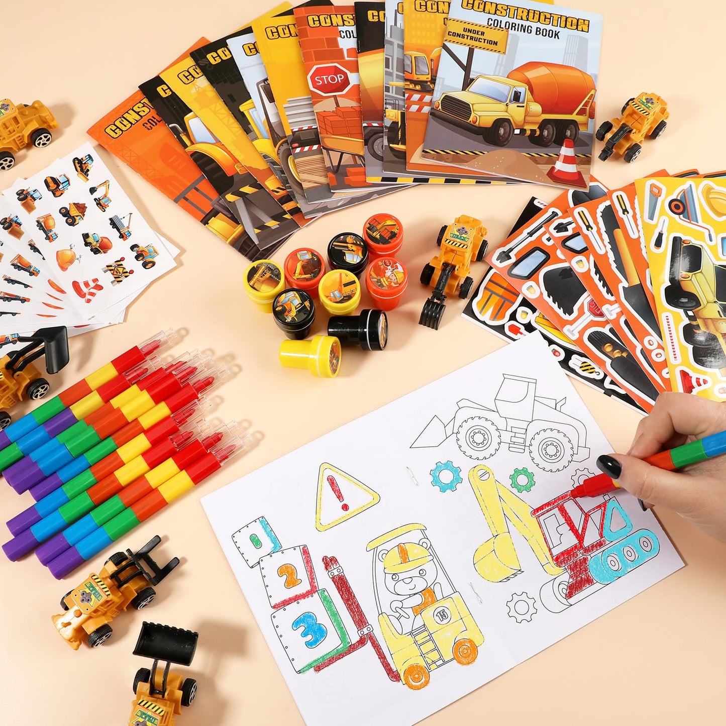BenLouis 84Pcs Construction Party Favors Excavator Theme Coloring Books Crayons Sticker Set Bulk for Kids Construction Birthday