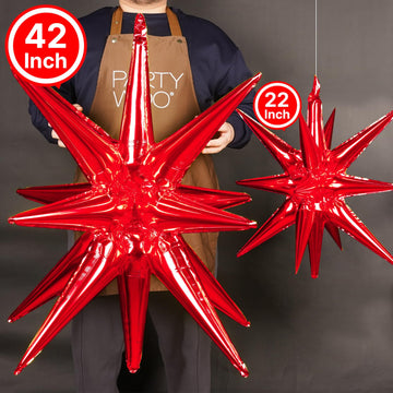 Partywoo Red Star Balloons, 2 Pcs 42 Inch Large 14-Pointed Starburst Balloons, One-Piece Star Explosion Balloons With Ribbon, Point Star Foil Balloons, Mylar Balloons For Birthday Party Decorations
