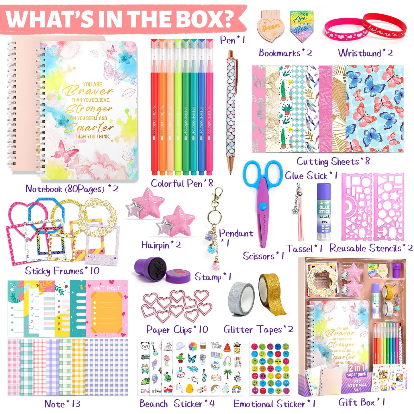 Adusriz 2-Pack Diy Journal Kit For Girls Ages 8-14 Year Old, Birthday Christmas Gifts For Teen Girls, 70+ Pcs Art & Crafts, Scra