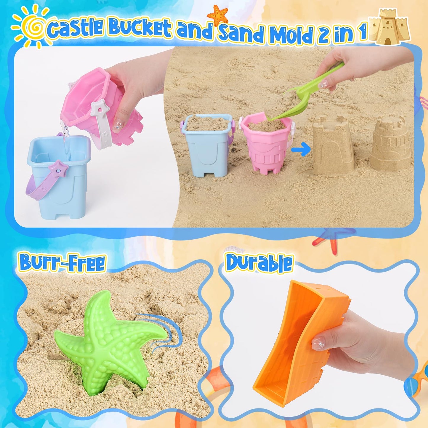 FUSPWEAO Beach Toys Sand Toys for Kids, Sand Castle Toys for Beach with Sand Castle Bucket, Sand Molds, Shovel and Rake, Sand Ca