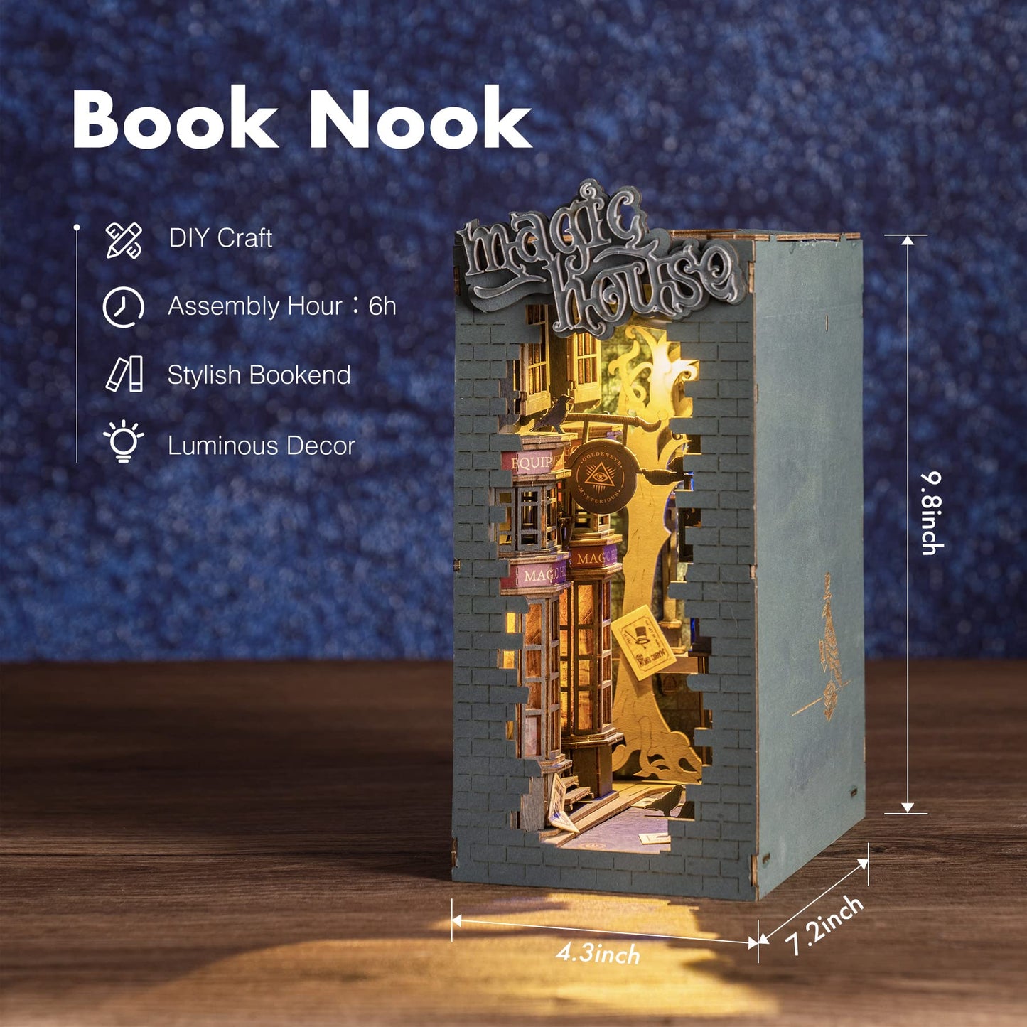 Robotime Diy Book Nook Kit Decorative Booknook Bookshelf Insert Bookcase Book Stand 3D Wooden Puzzle Diy Miniature House Kit With Led Light Model Kit For Adults (Magic House)