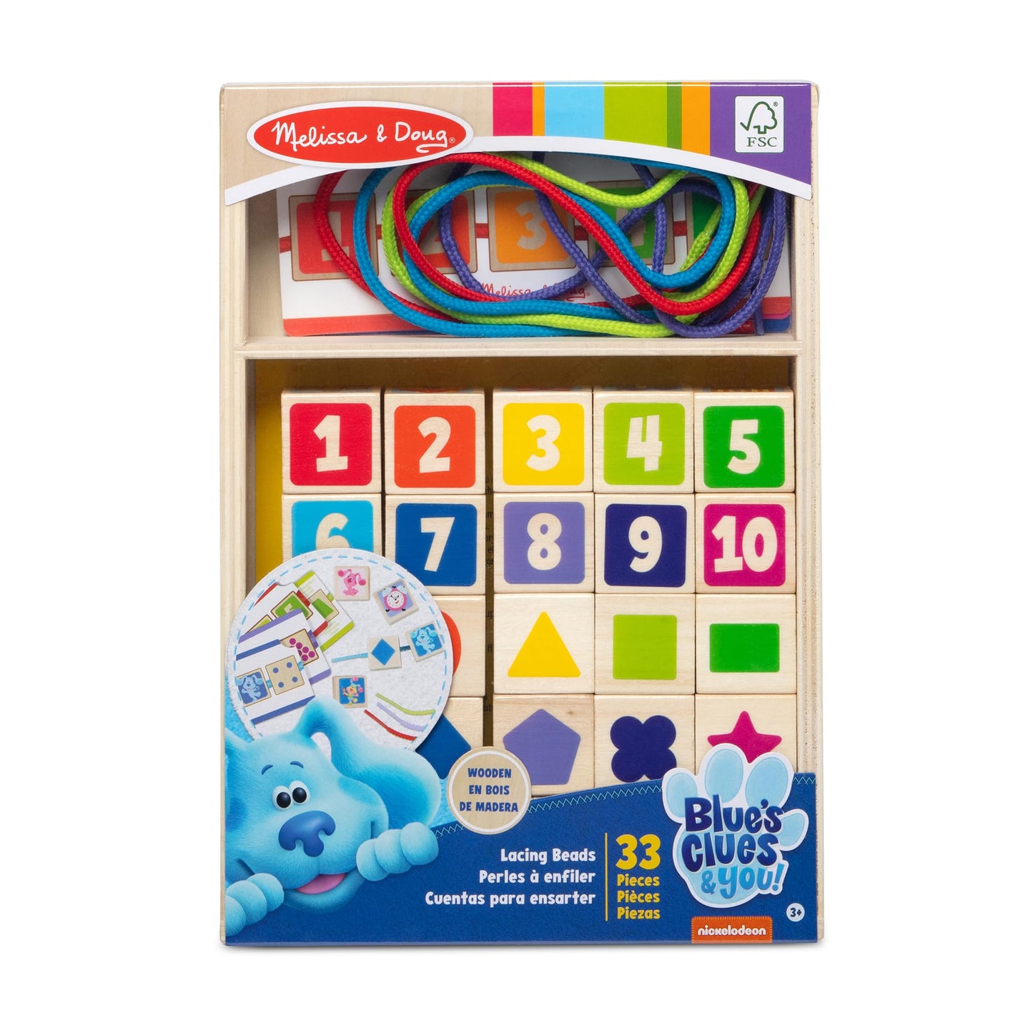 Melissa & Doug Wooden Lacing Beads Set - 25 Beads, 4 Cords, Multi-color, FSC Certified, Model 33046, 10.0 x 7.0 x