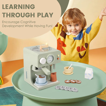 Pithfor Kids Wooden Coffee Maker Toy with Grinder, Pretend Play Kitchen Appliances & Accessories Toy Gift for Kids Toddlers Boys