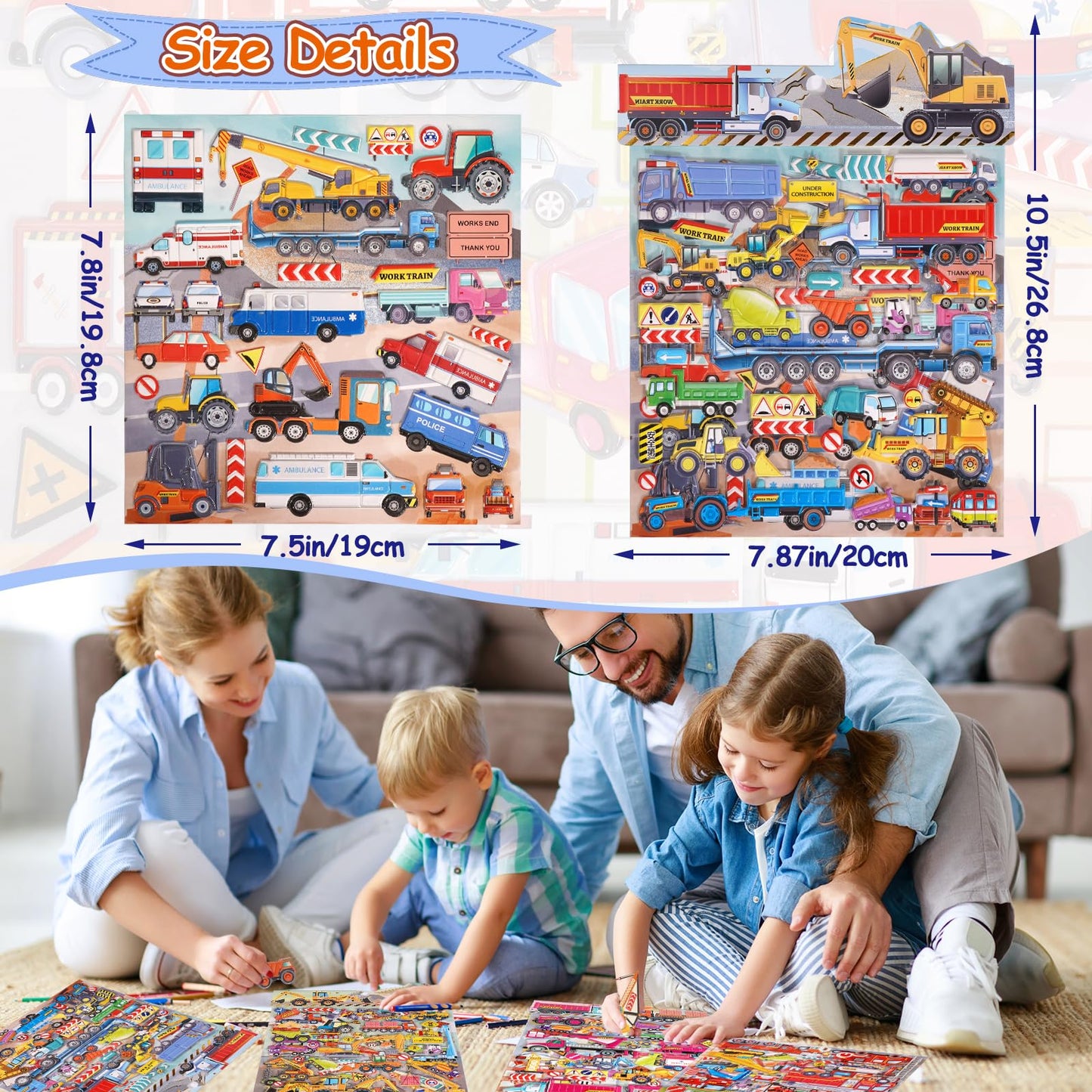 Jactales Construction Truck Puffy Stickers for Toddlers Kids - 8 Sheets of 3D Vehicle Stickers Featuring Cars, Excavators, Tract