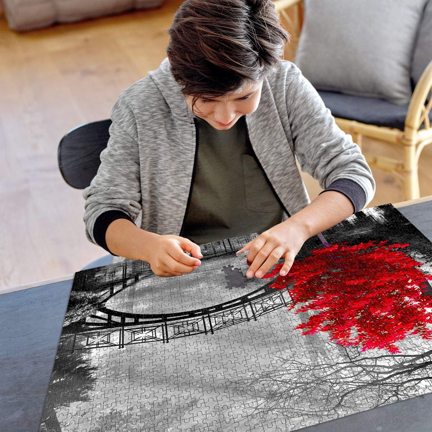 najiaxiaowu mature-themed Puzzle Classic Jigsaw Puzzle 1000 Pieces Wooden Puzzle DIY Black and White Bridge and Red Tree Modern Home Decor Intellectual Game Wall Art Unique Gift 75x50cm