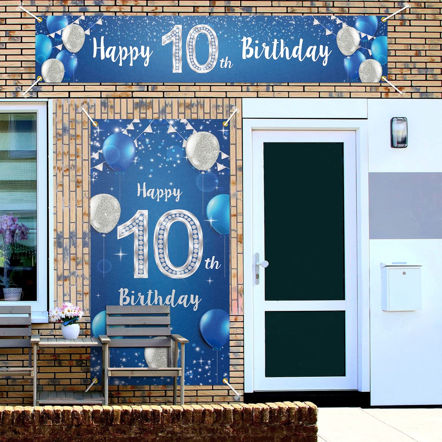 Happy 10Th Birthday Door Cover Porch Banner Sign Set - 10 Years Old Birthday Decoraions Party Supplies For Men - Blue