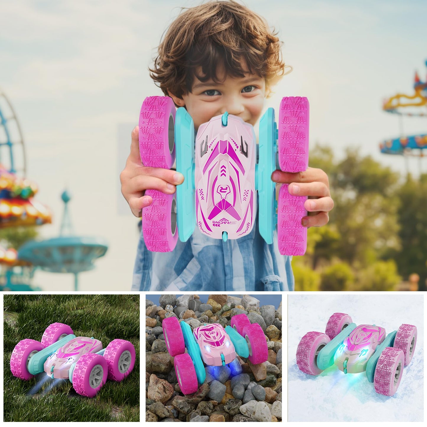 Remote Control Car for Girls, RC Cars with Headlights Double-Sided Driving 360 Flips Rotating for Kids Ages 4-7 8-12 Year Old, R